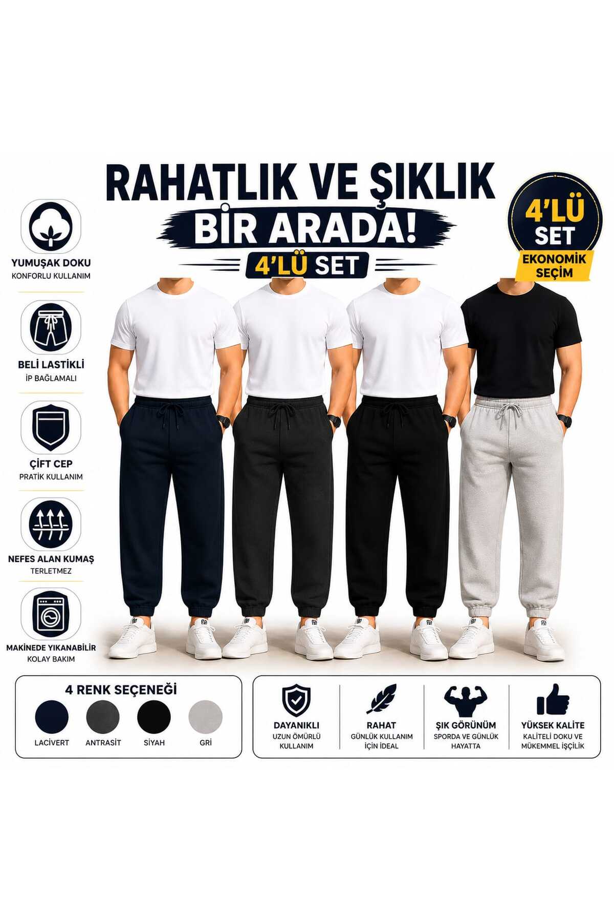 TREND ALİSSE Erkek {4 ADET} lacivert gri siyah füme Standart Fit Normal Kesim Cepli Rahat Jogger Eşofman Altı