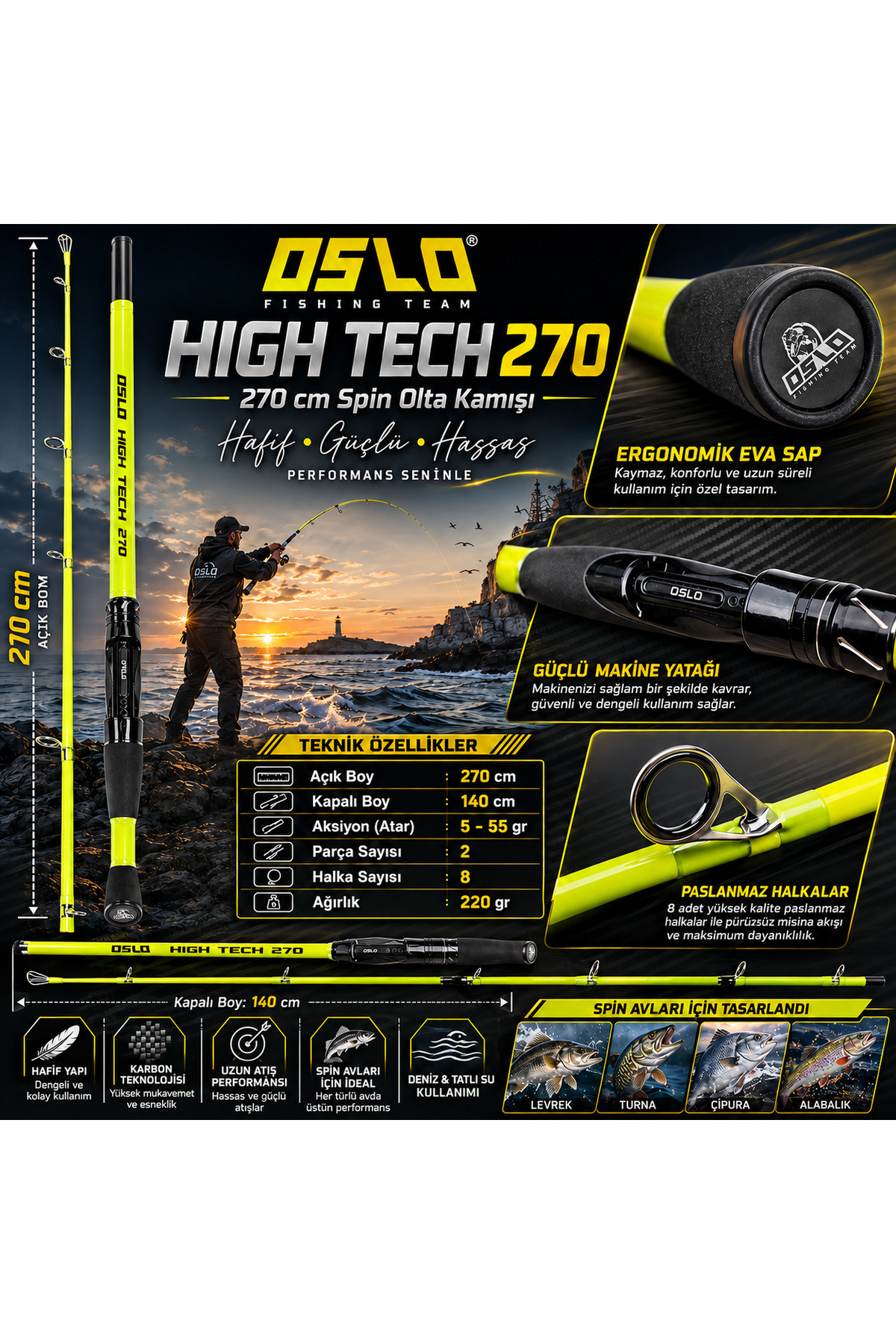 Oslo Karbon 5-55gr High Tech 270cm Spin Olta Kamışı - Fiyatı