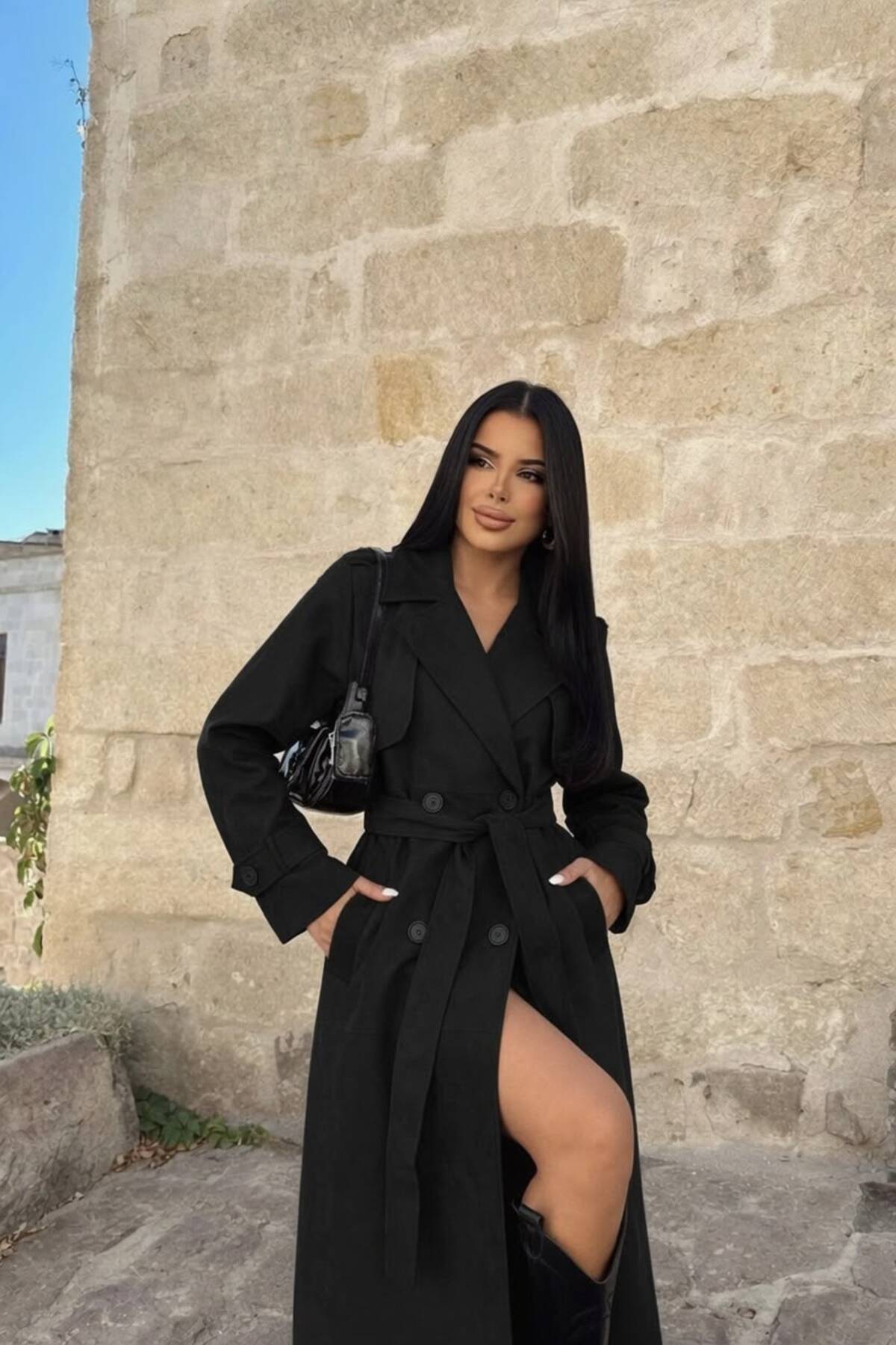 TANISA Siyah Astarlı Suit Kumaş Kuşaklı Uzun Trençkot TNS-9007 görsel 2