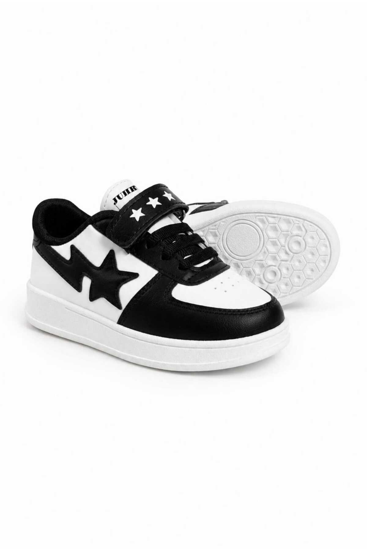 Unisex Spor Ayakkabı Siyah Beyaz Yıldız Detaylı Cırt Cırtlı Bağcıklı Günlük Sneaker