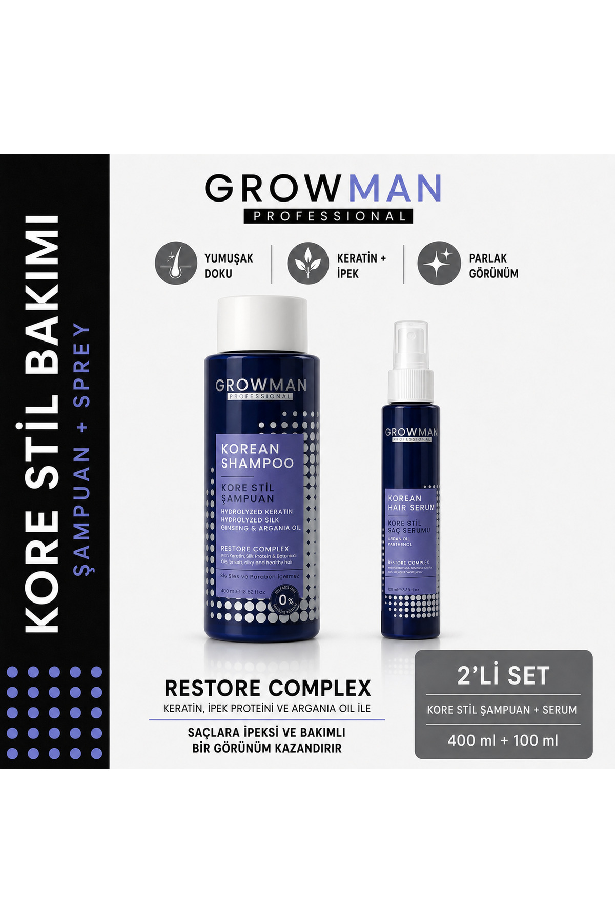 growman شامپو کرهای + ست اسپری موی کرهای – بسته مراقبت ویژه مو — GM-KOR-SET-01