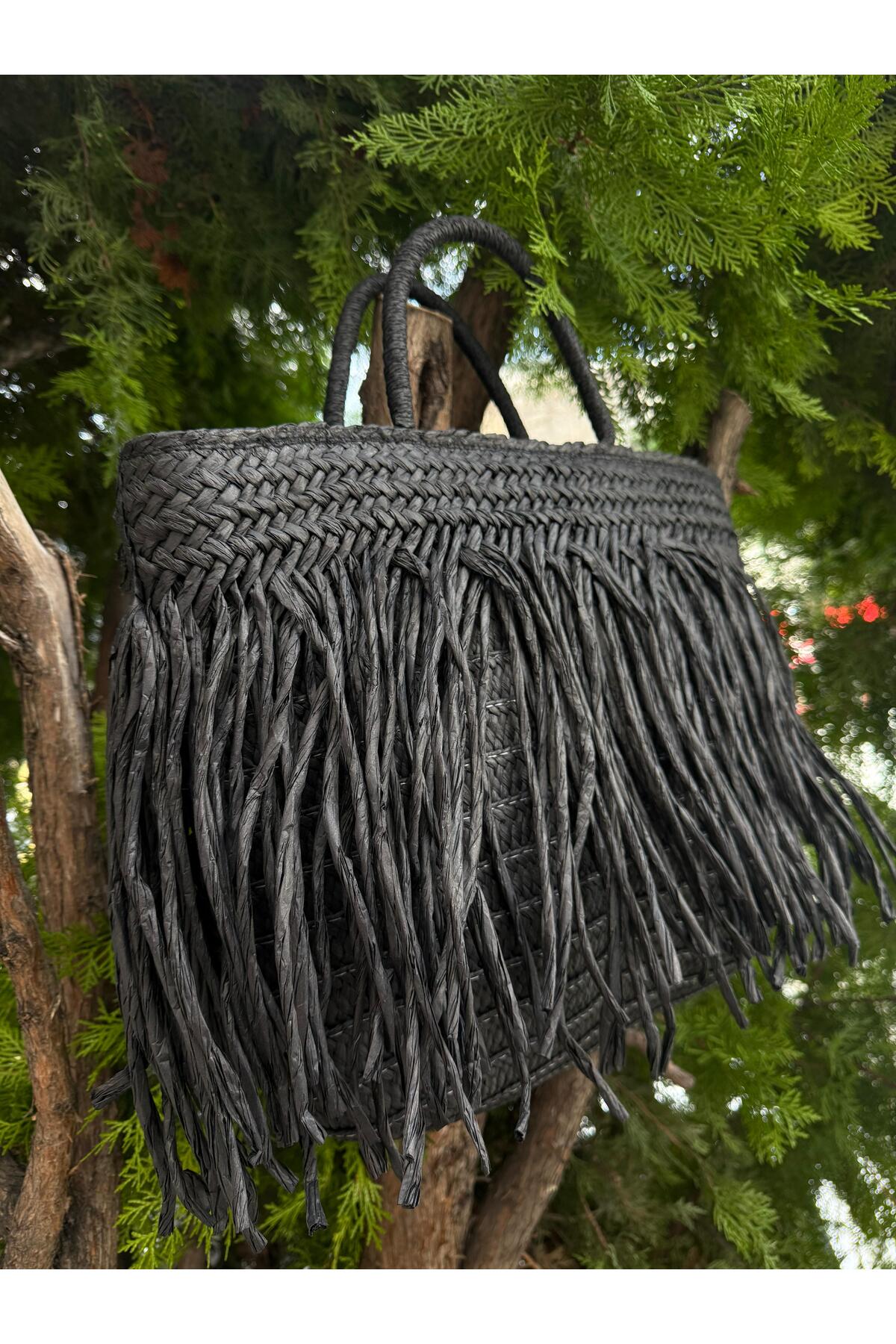 Axesoire NWC-1066 Siyah Saçaklı Hasır Çanta 41x29 cm görsel 4