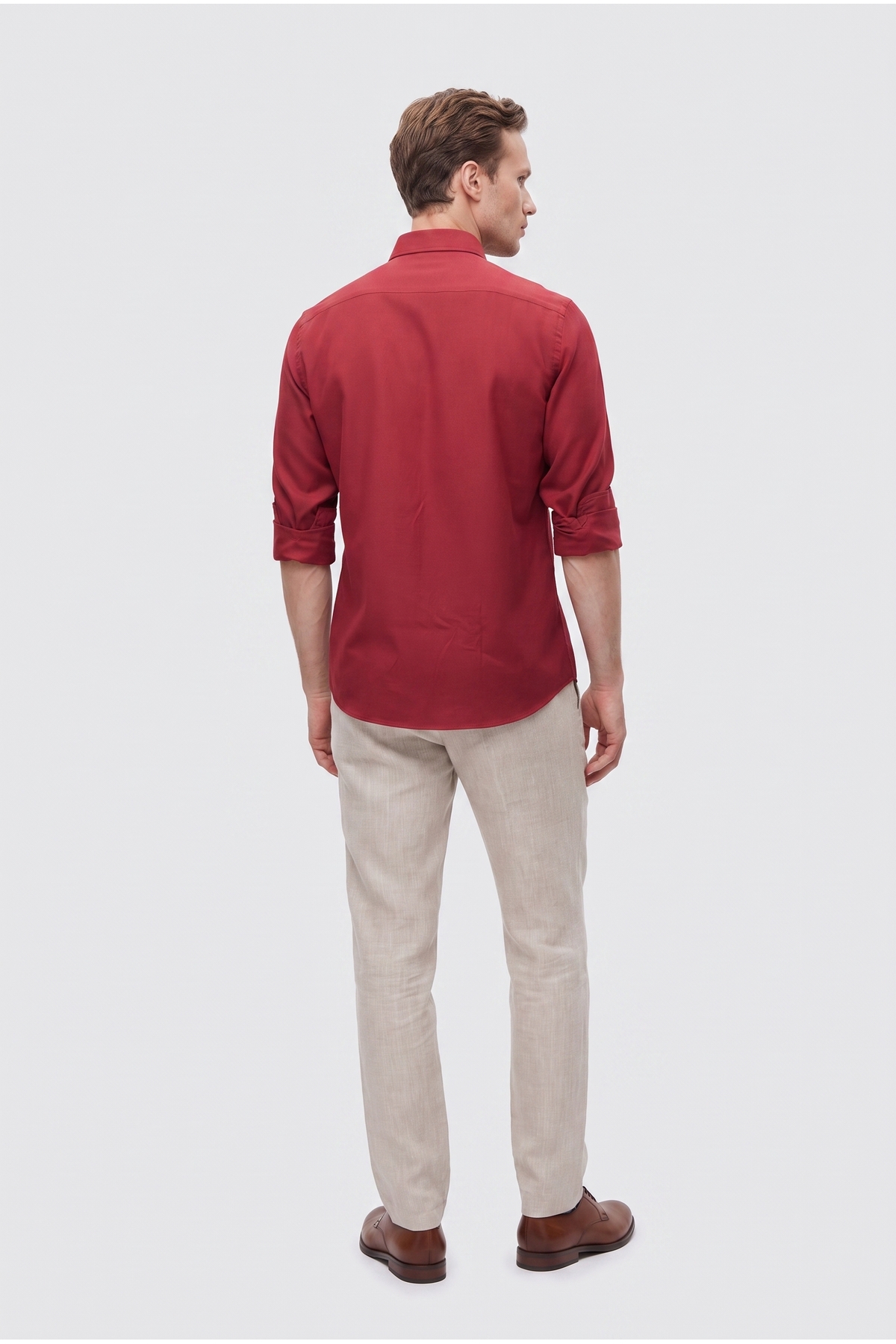 D'S Damat Ds Damat Slim Fit Bordo Oxford Düğmeli Yaka Kolay Ütülenebilir Nakış Detaylı Pamuklu Gömlek görsel 3