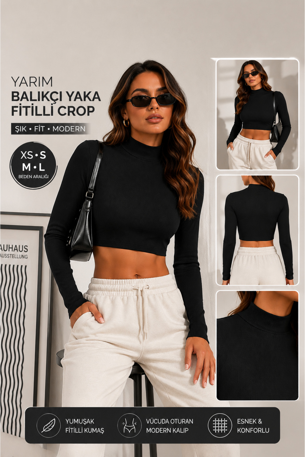 Olyssia Ženska crna majica s polu-rolkama, rebrasta bluza sa dugim rukavima i...