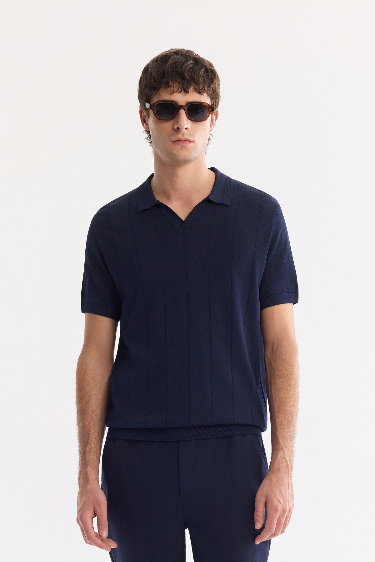 Avva Men's Navy Blue Polo Collar Buttonless Textured Regular Fit Knitwear T-Shirt A61Y5044