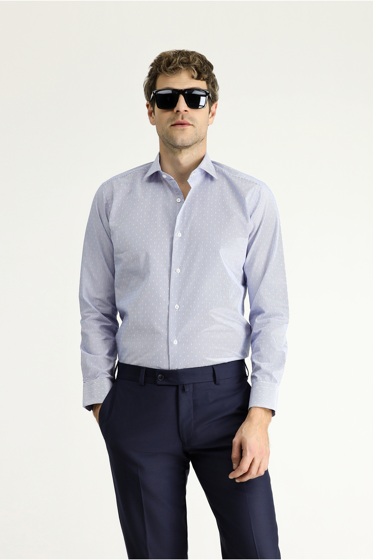 Uzun Kol Slim Fit Dar Kesim Non Iron Klasik Desenli Pamuklu Gömlek — آبی 599358 — تصویر 2 از 6