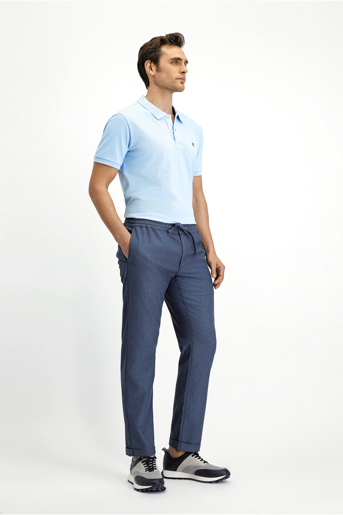 Slim Fit Dar Kesim Desenli Beli Lastikli İpli Likralı Jogger Pantolon — آبی KY2537D0DZ005 — تصویر 4 از 7