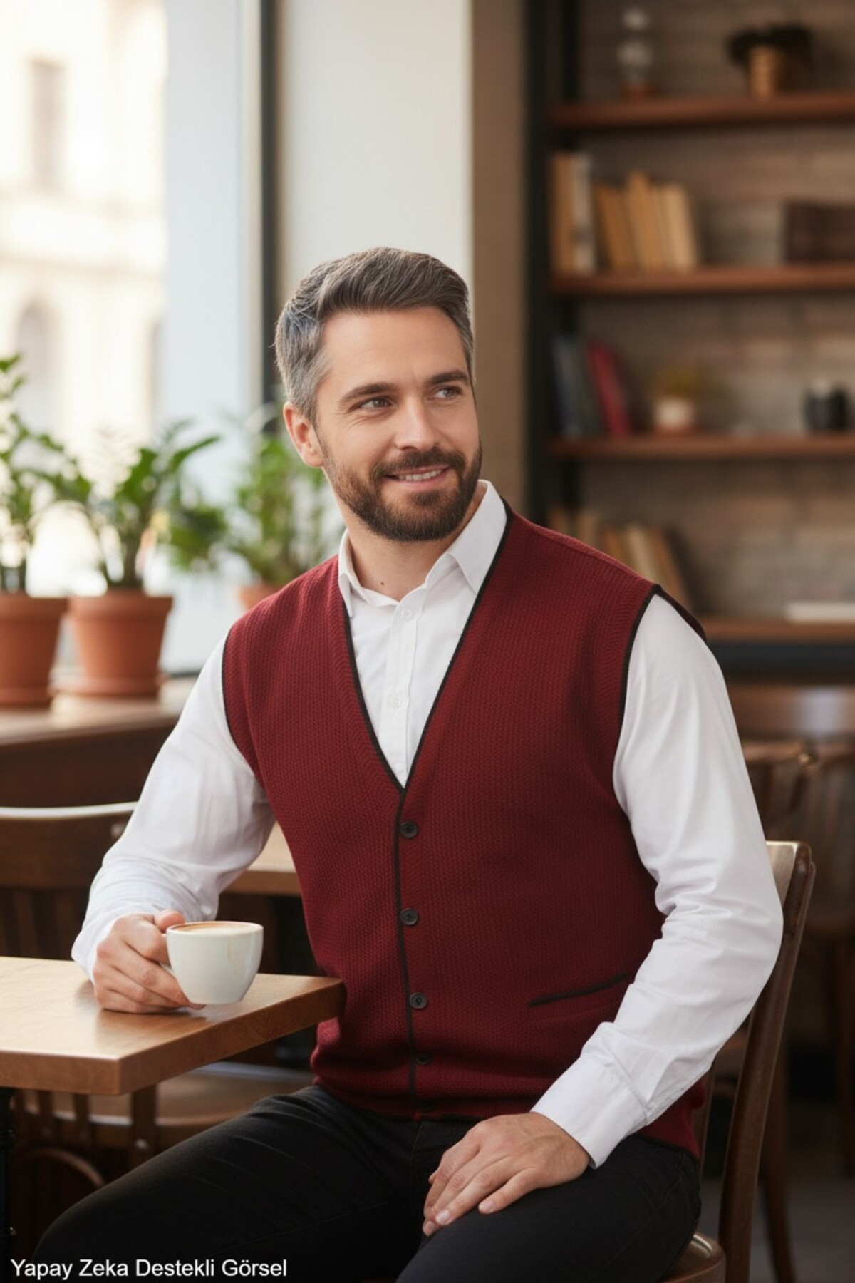 Kamalı Erkek Bordo V Yaka Triko Düğmeli Cepli Çizgi Desenli Regular Fit Tüylenmeyen Örgü Yelek görsel 2