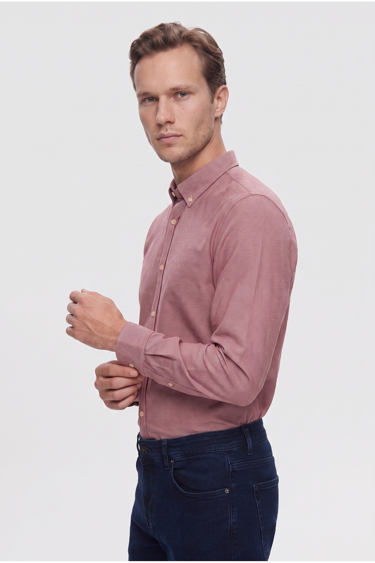 D'S Damat Ds Damat Slim Fit Bordo Armürlü Düğmeli Yaka Pamuklu Gömlek görsel 6