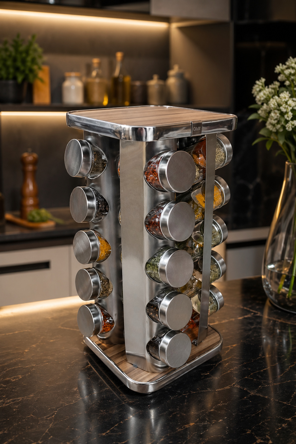20-Piece Wooden Patterned Chrome Square 360° Spice Glass Jar Set with Rotating Stand 118 ml