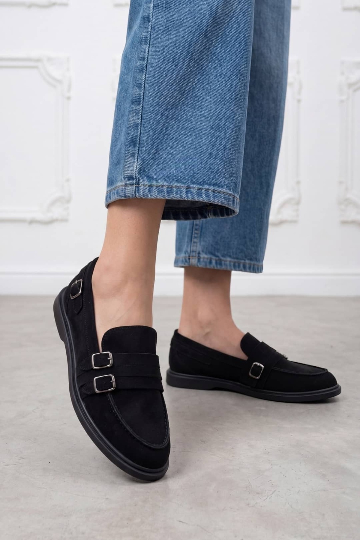 NAVİSHOES Siyah Kadın Ortopedik Loafer Süet Tokalı Günlük Babet Ayakkabı SL851NAV