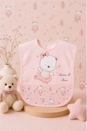 Bebechi Minik Balerin Ayı Desenli Cepli (KOLSUZ) Su Geçirmez Bebek Mama Önlüğü