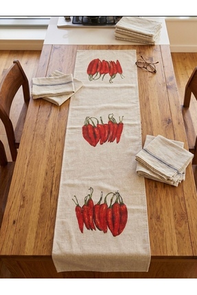 megi concept Masa Runner 40x140 cm Biber Desenli Krem Kalın Kumaş Dekoratif S...
