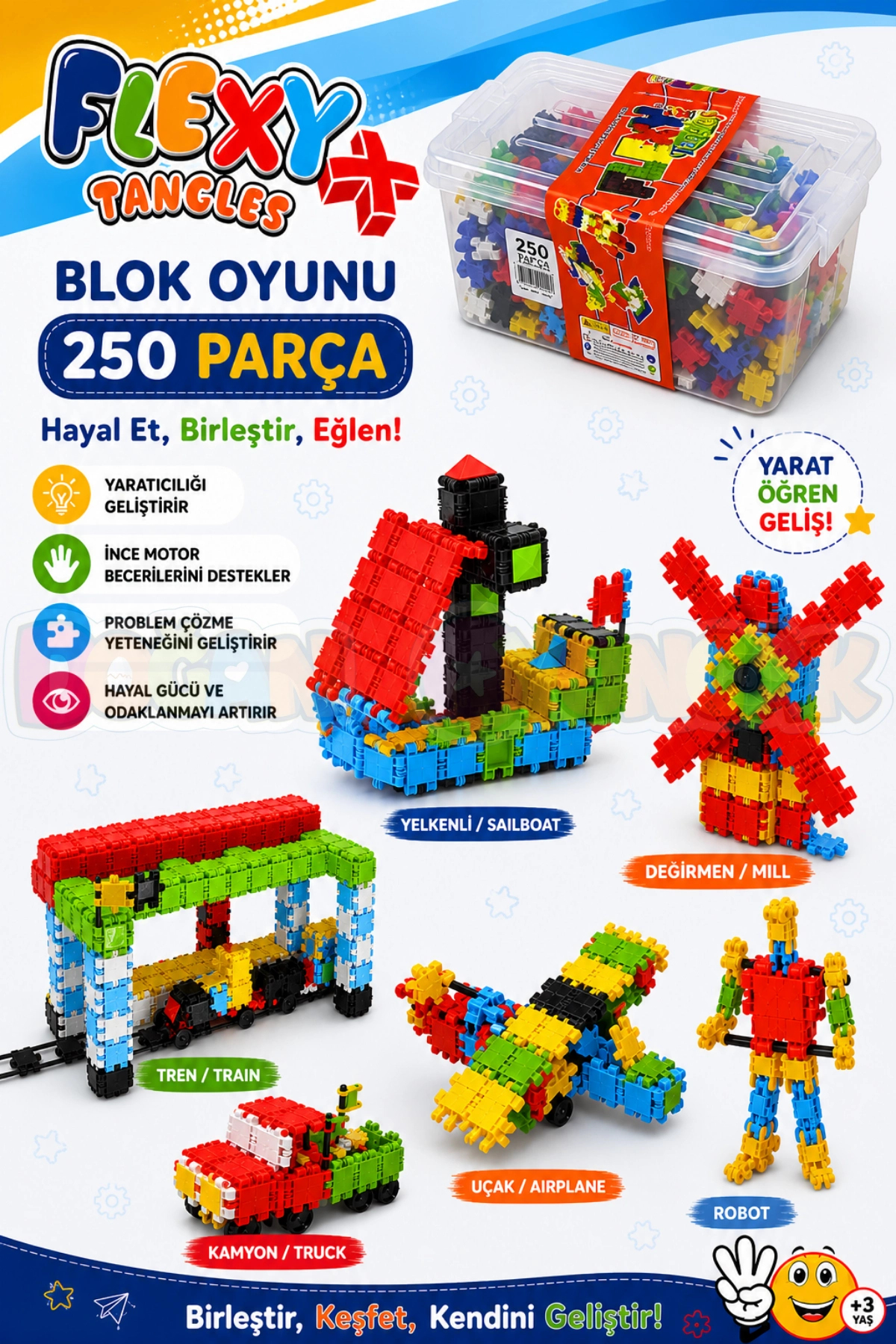 Doğan Oyuncak Dünyası Flexy Tangles Blok Oyunu 250 Parça - Oyuncak