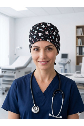 bonecim Cerrahi Bone Siyah Diş Desenli Doktor Bonesi Dişçi bone %100 Pamuk