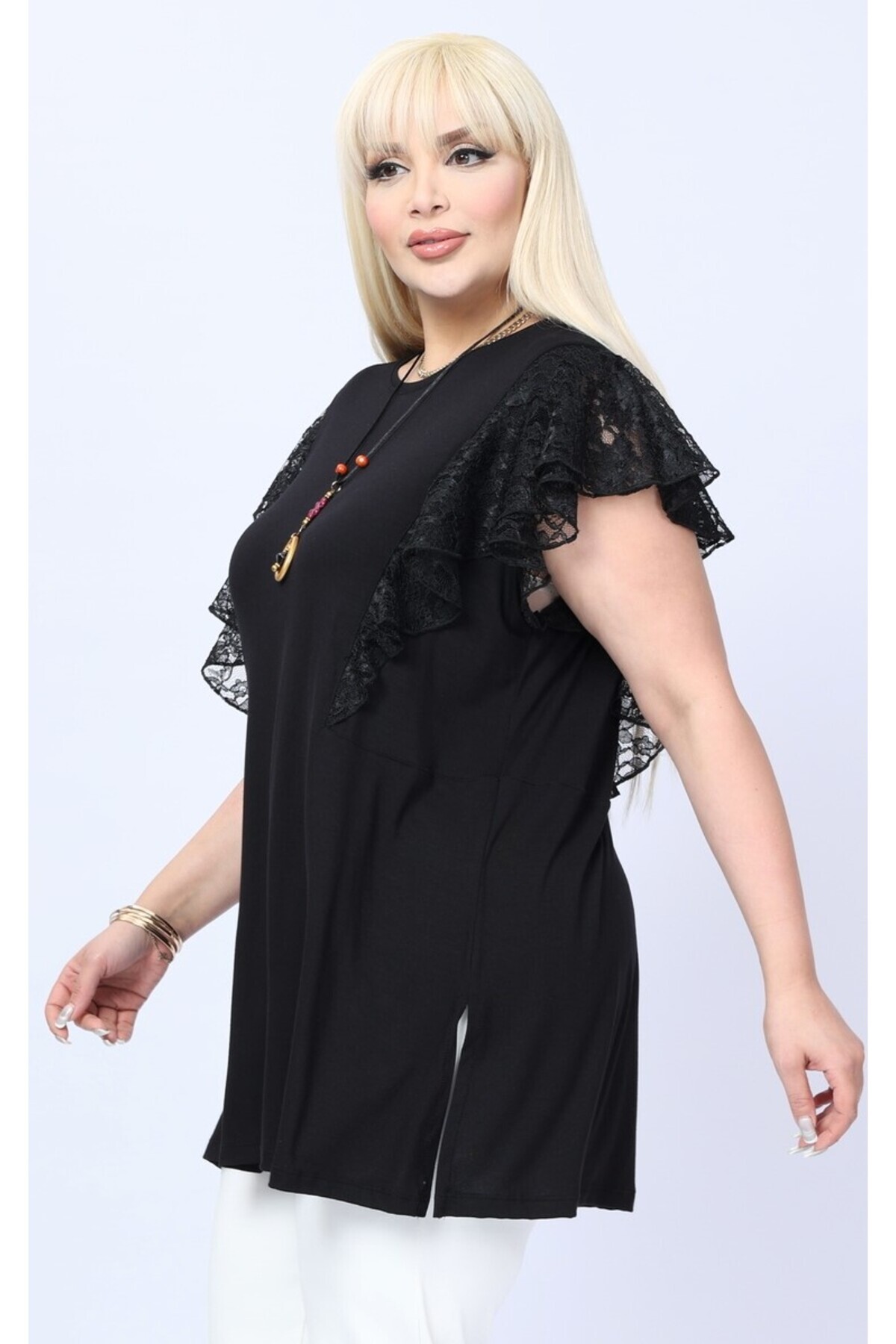 Kheos dantel kollu sıfır yaka kolyelı yırtmaclı büyük beden tunik görsel 5