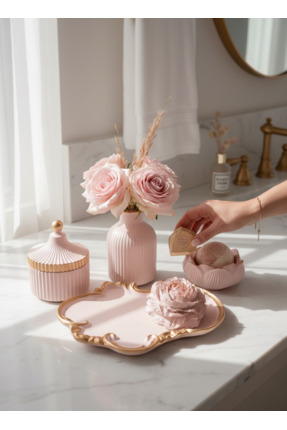 Roses Beton Büyük Dekoratif Sunum Gold Detaylı Vernikli Full Set (6 PARÇA)