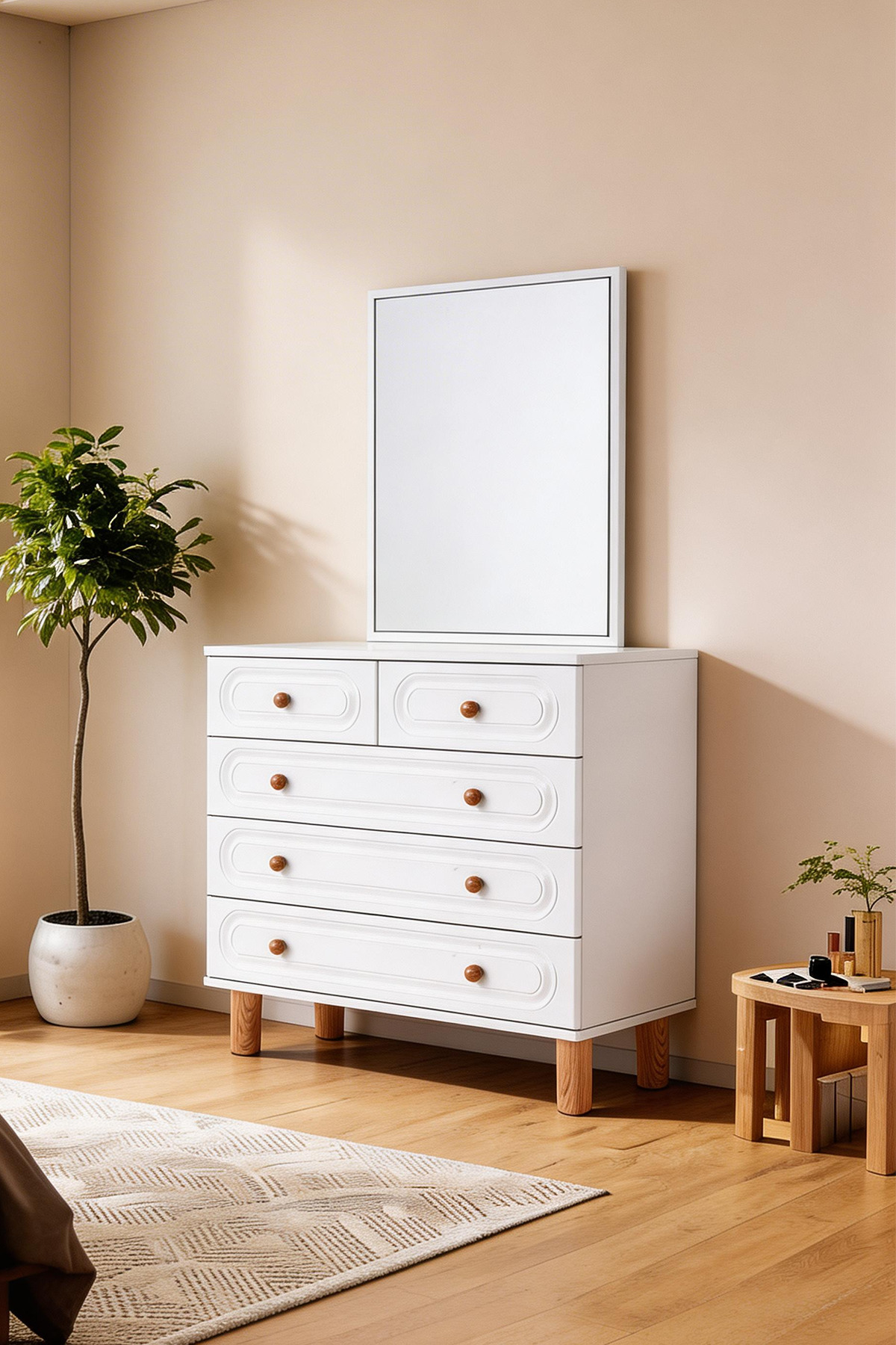 Bohera and Bohem's Dresser High Leg with 5 Drawers with MDF Lid (MIRROR NOT INCLUDED)