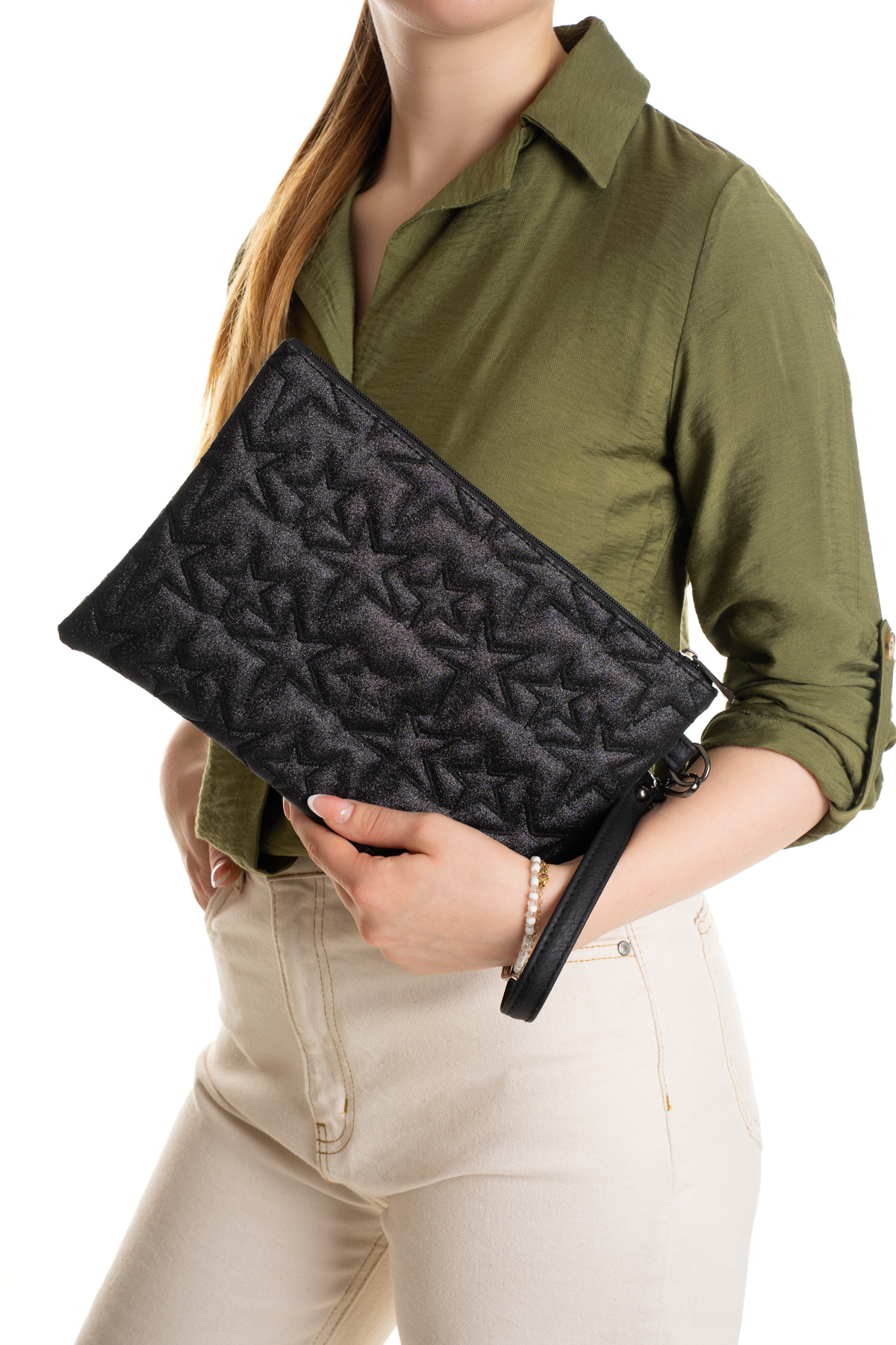 Newish Polo Kadın Simli Yıldız Desenli Bilek Askılı Portföy/Clutch El Çantası