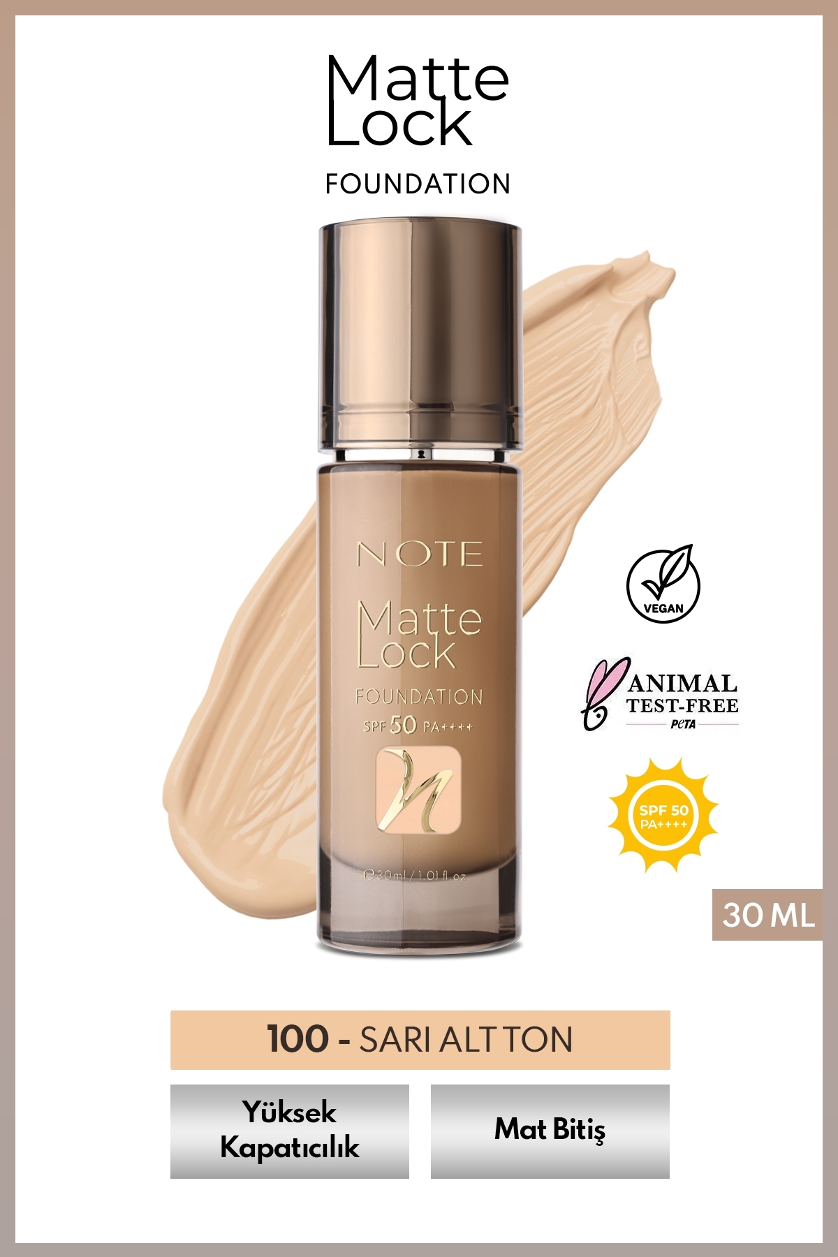 Note Cosmetics Matte Lock Foundation 100 Velvet Beige SPF 50 Yoğun Kapatıcı Mat Bitişli Fondöten - Fiyatı, Yorumları
