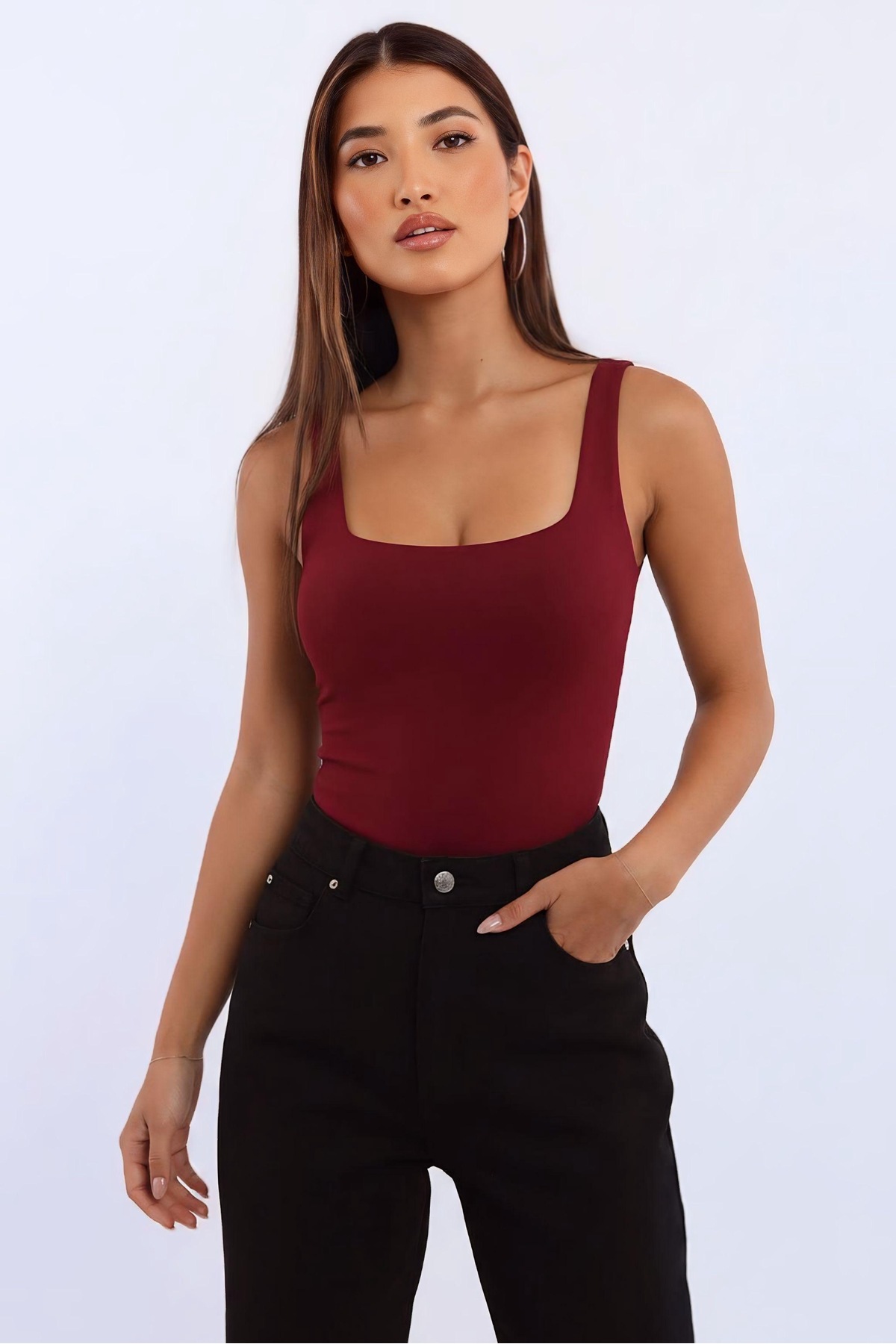 Women's Premium Square Neck Claret Red Bodysuit with Snap Fastener