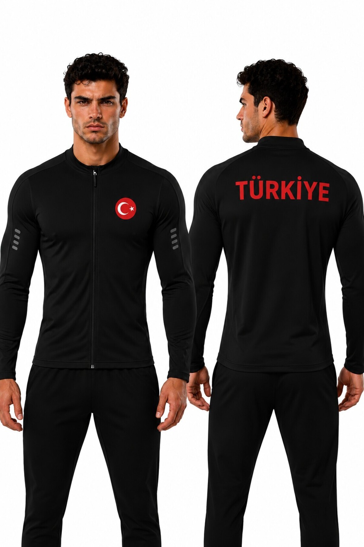 GHASSY CO . Türk Bayrak Logolu Tam Fermuarlı Dalgıç Kumaş Uzun Kollu Slim Fit Esnek Spor Sweatshirt