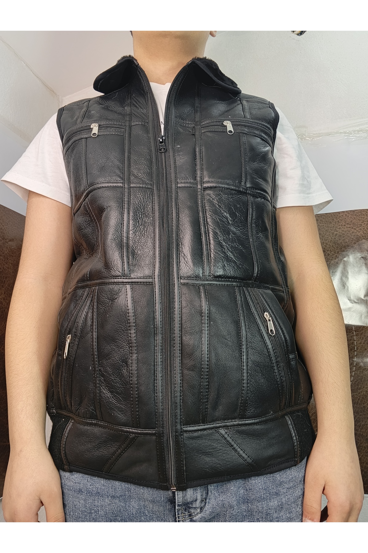 hoaryage Erkek PatchWork İçi Kürk, Dışı Hakiki Deri Koyun Yünü Yakalı Biye ve Triko Detaylı Yelek görsel 8