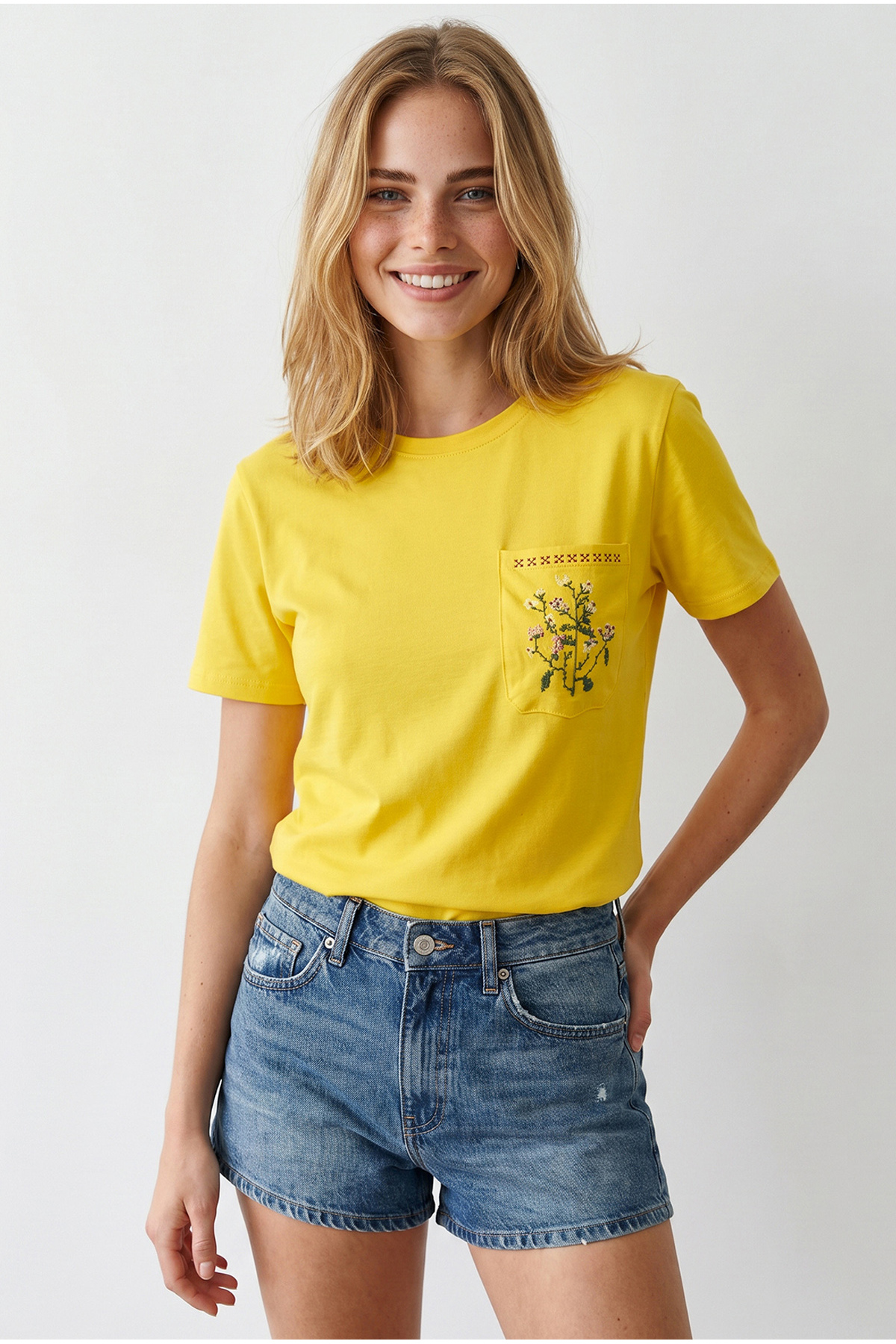 Women's Regular Fit Cotton T-Shirt with Yellow Embroidery Pockets TSH-19000994