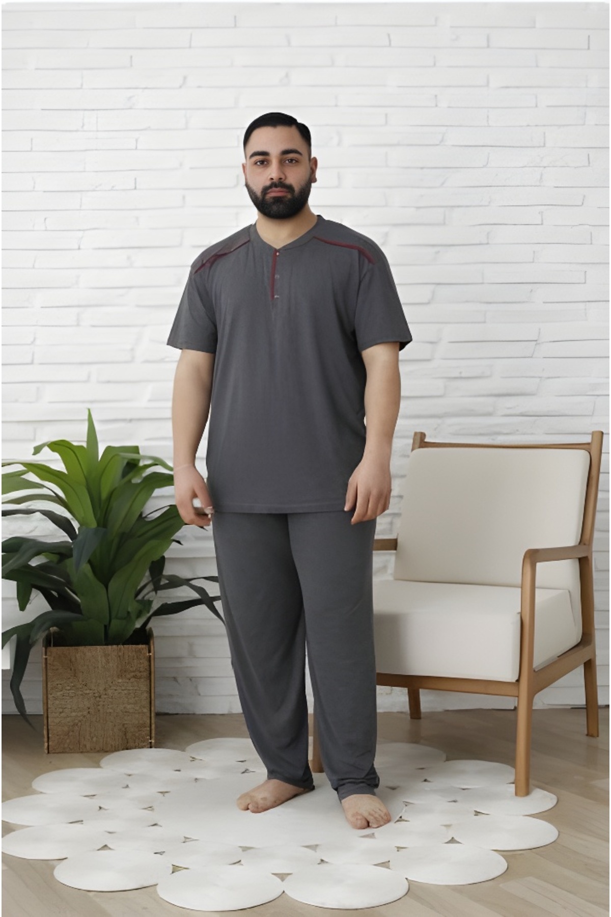 Sude HOMEWEAR Erkek Kısa Kol Yarım Pat Düğmeli Büyük Beden Pijama Takımı görsel 2