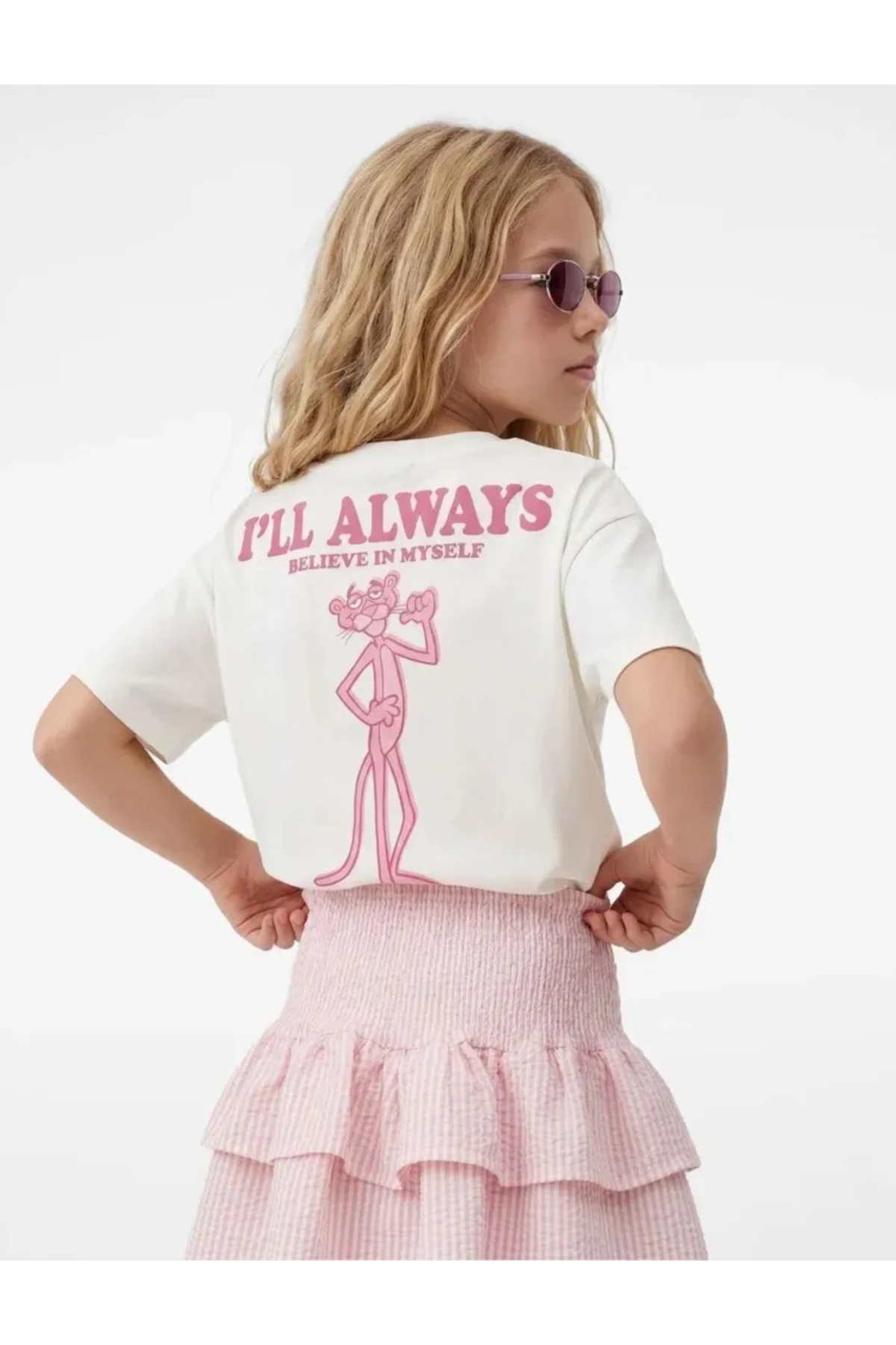 Koton Short Sleeve Crew Neck Licensed T-Shirt with Pink Panther on the Back Cotton Printed Cropped