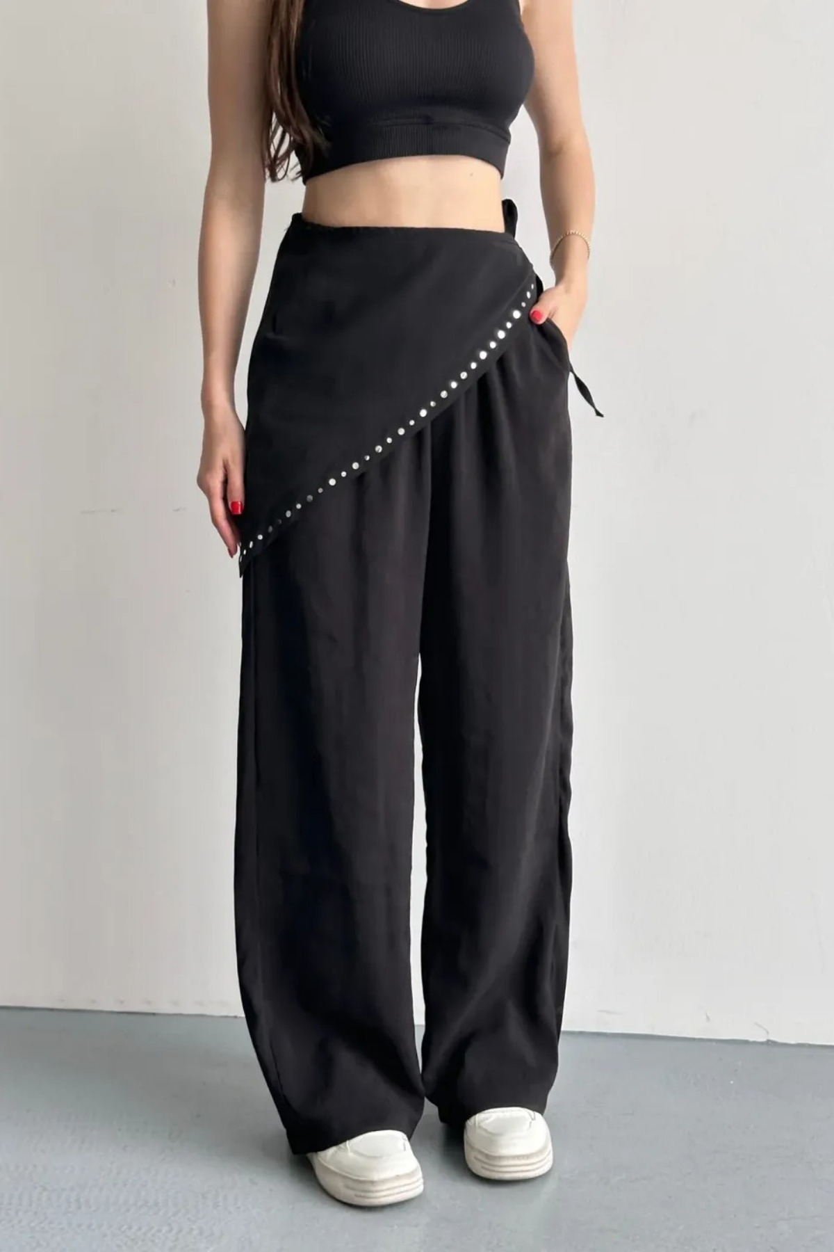 Women's Black Gemstone Scarf Detail Wide Leg High Waist Pants