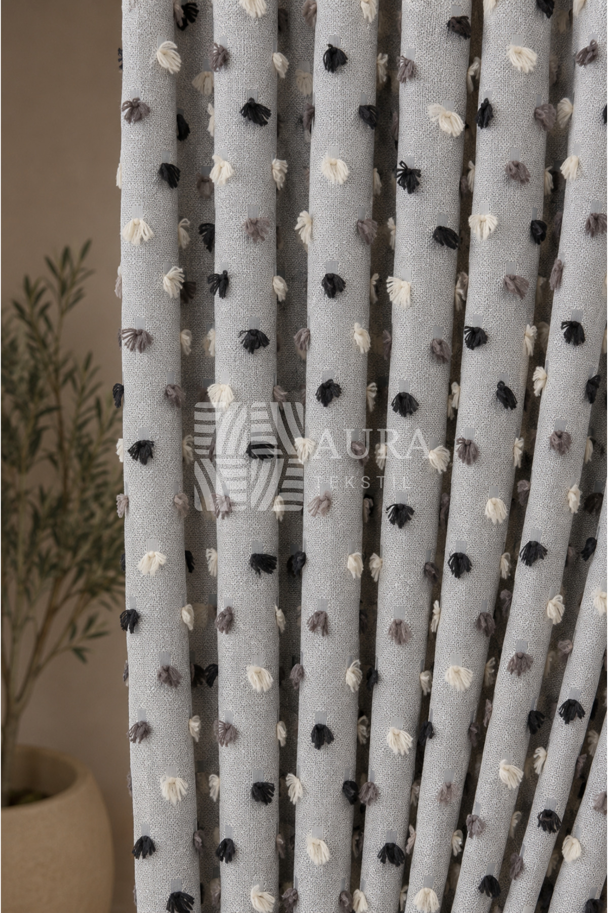 Linen Textured Pompom Colorful Gray Background Backdrop Curtain , Straight Planting , Tassel Backdrop Curtain , Linen Backdrop Curtain