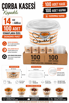 OPTİMEX 14 Oz 400 cc Kapaklı Çorba Kasesi 100 Adet Kase 100 Adet Kapak Sızdır...