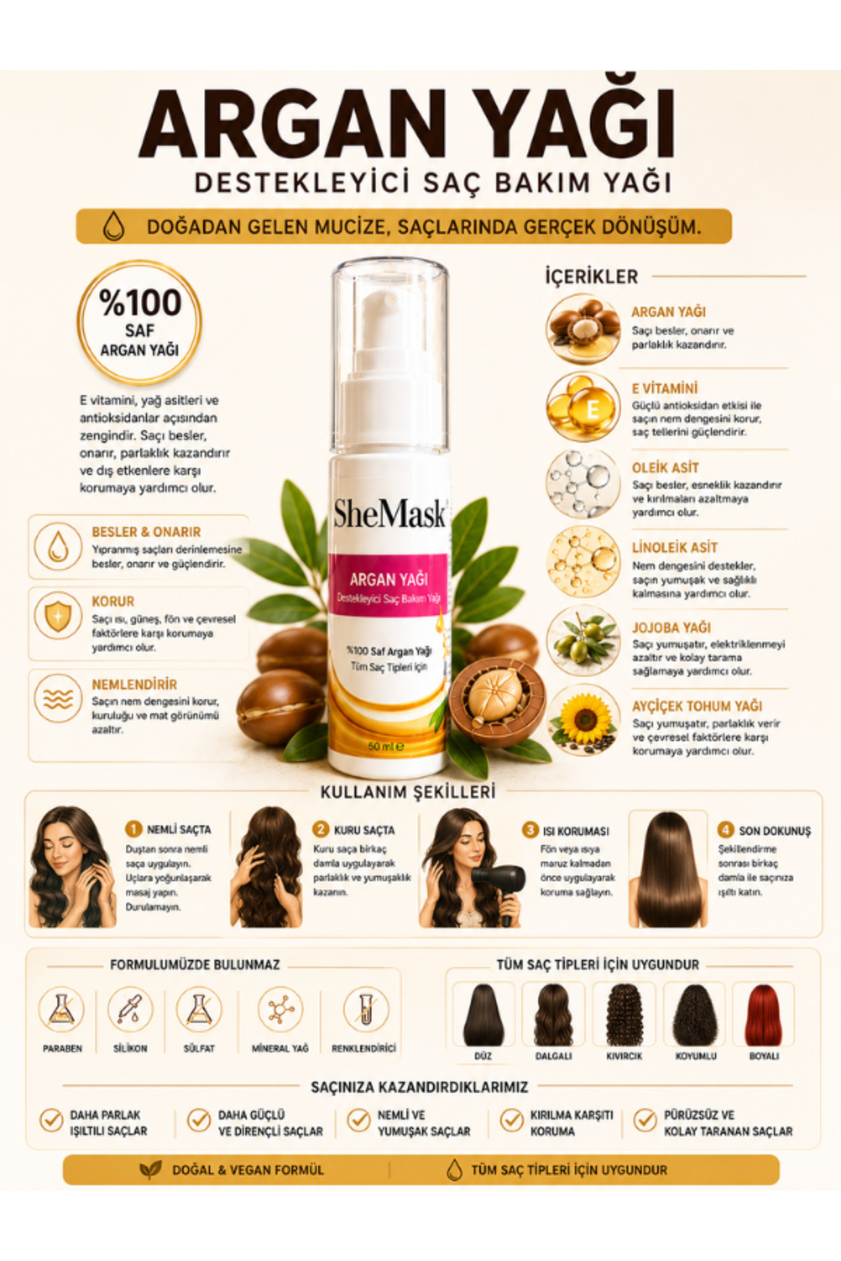Argan Yağı Saç Yağı Saç Bakım Yağı E Vitaminli Isı Koruyucu Yıpranmış Saç Bakım Saç Isı Koruyucu Parlaklık Veren Besleyici Onarıcı Saç Bakımı Yağı Elektriklenme Karşıtı Saç Bakım Ürünleri Saç Vitamini — SheMask-Argan-Yağı-50ML — تصویر 6 از 8