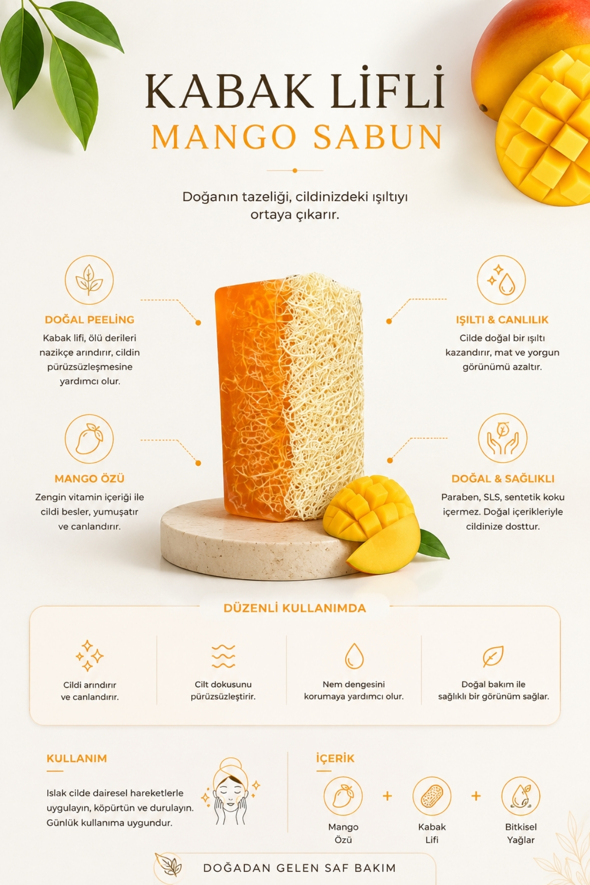 Kabak Lifli Sabun Mango Özlü Nemlendirici ve Besleyici Cilt Bakım Sabunu — görsel 3
