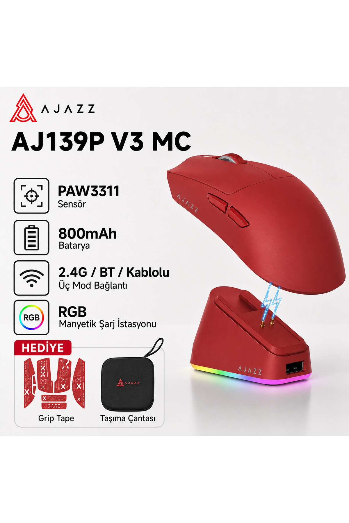 Ajazz Aj139P V3 MC Kablosuz Oyuncu Mouse-800 Mah Batarya RGB Şarj