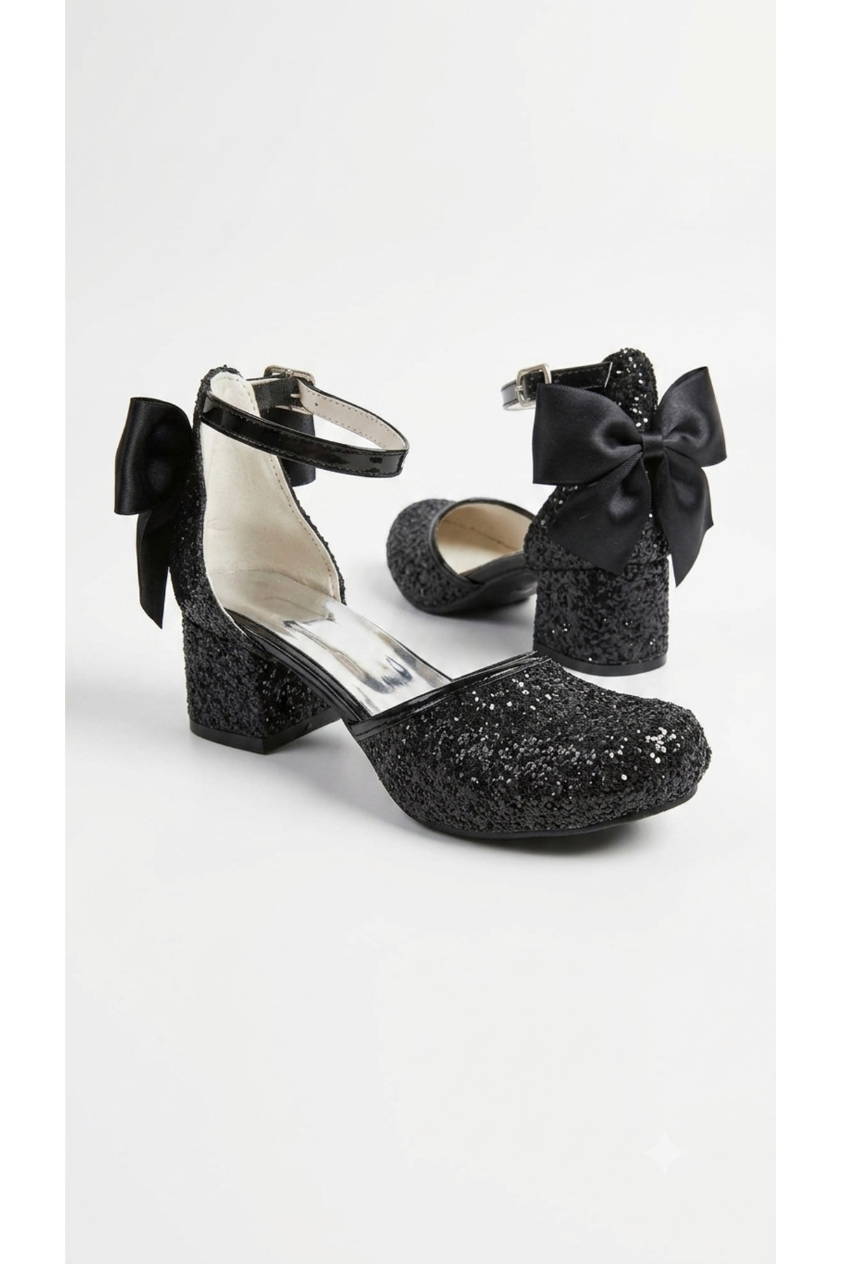 GIRL SPARKLY SHINY BLACK CASUAL HEELS WITH BOWTIE STYLISH EVENING SHOES