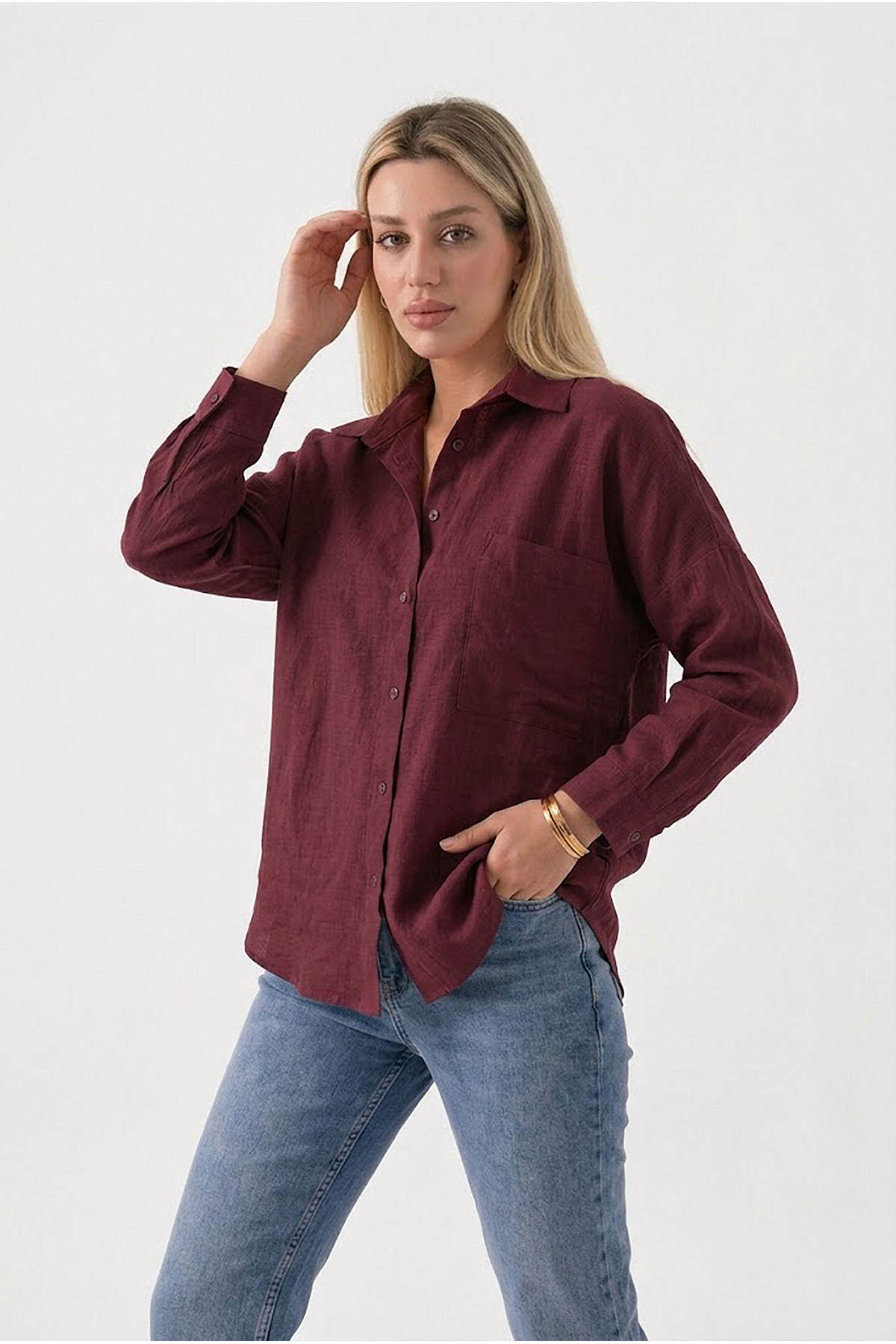ECOTİQUE Kadın Bordo Oversize Keten Gömlek %100 Pamuk Yeni Sezon