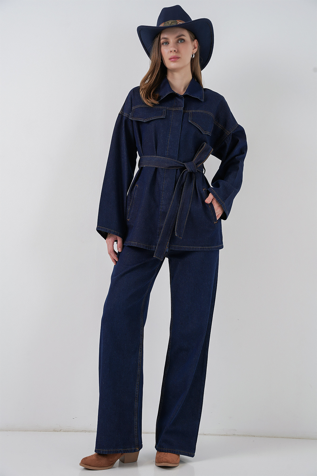 Merterium Women's Jacket Pants Jeans Two-Piece Set - Navy Blue 1401