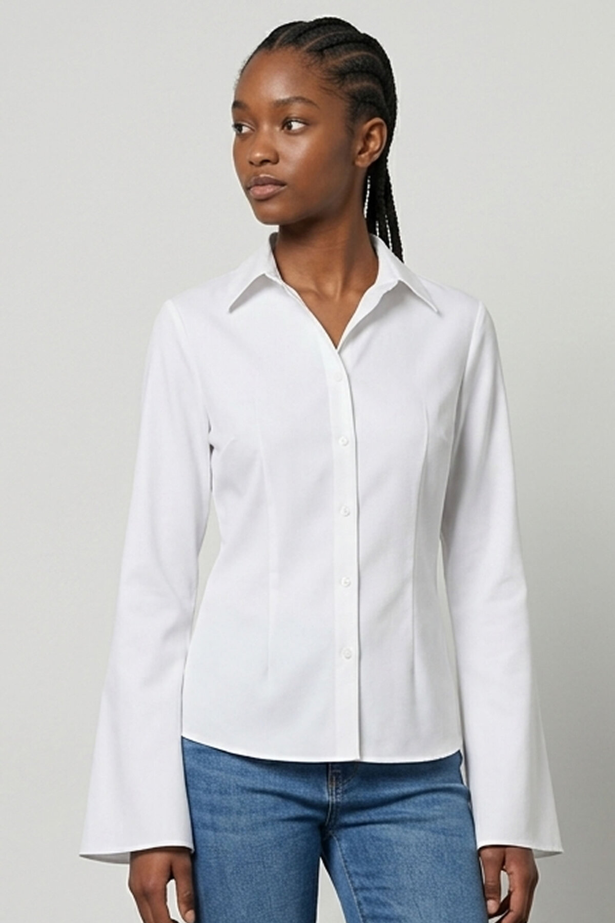 Şiir Tekstil Tetra Belden Bell-Sleeved Basic Women's Shirt & Blouse & Top - White