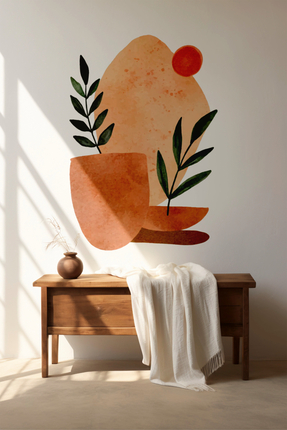 SDİGİTAL Boho Duvar Sticker - Soyut Geometrik Yapraklı Duvar Çıkartması - Top...