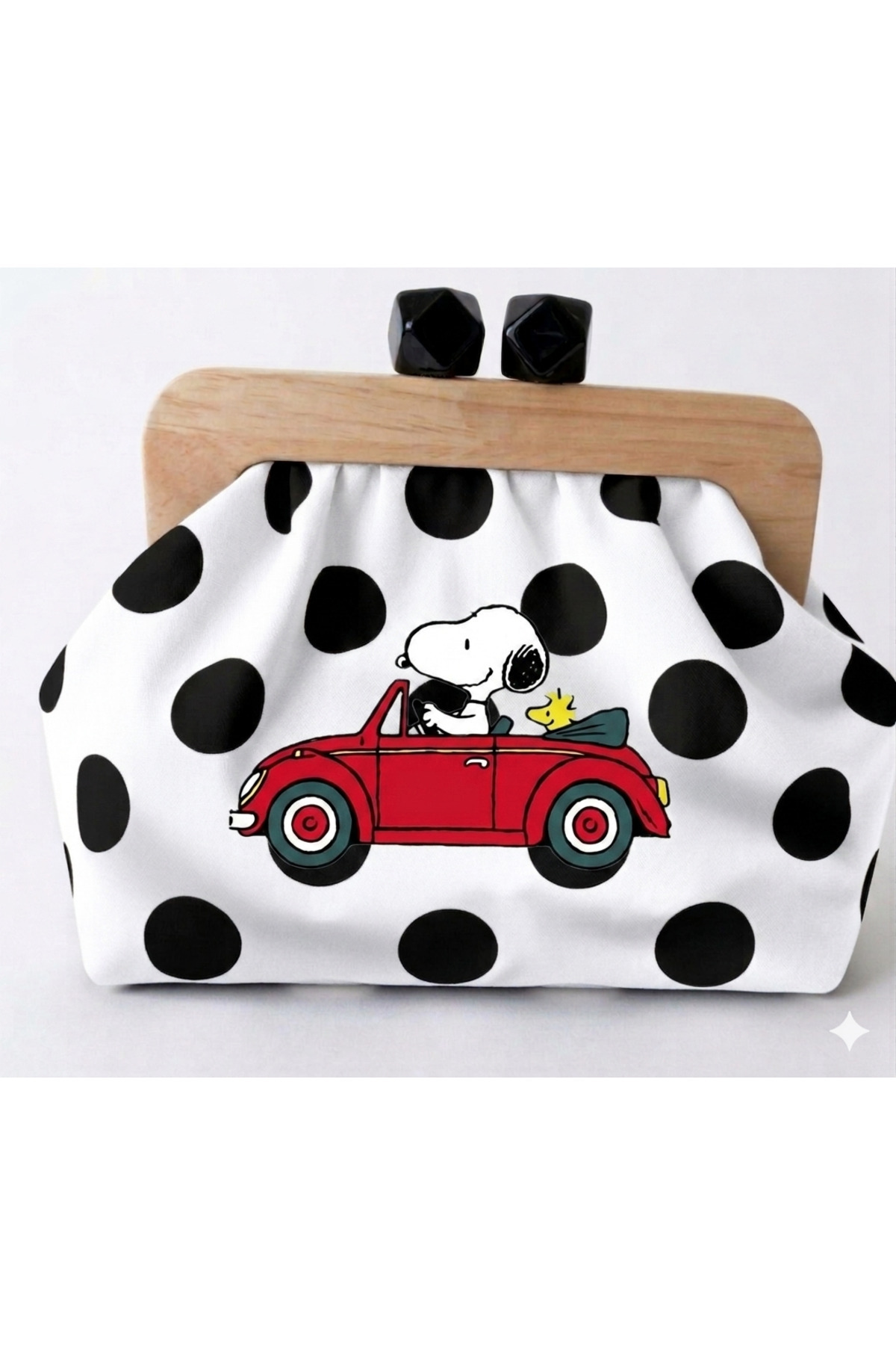 handedizayn Beyaz Siyah Snoopy Puantiyeli Ahşap Burslu Zincir Askılı Clutch Omuz Çantası
