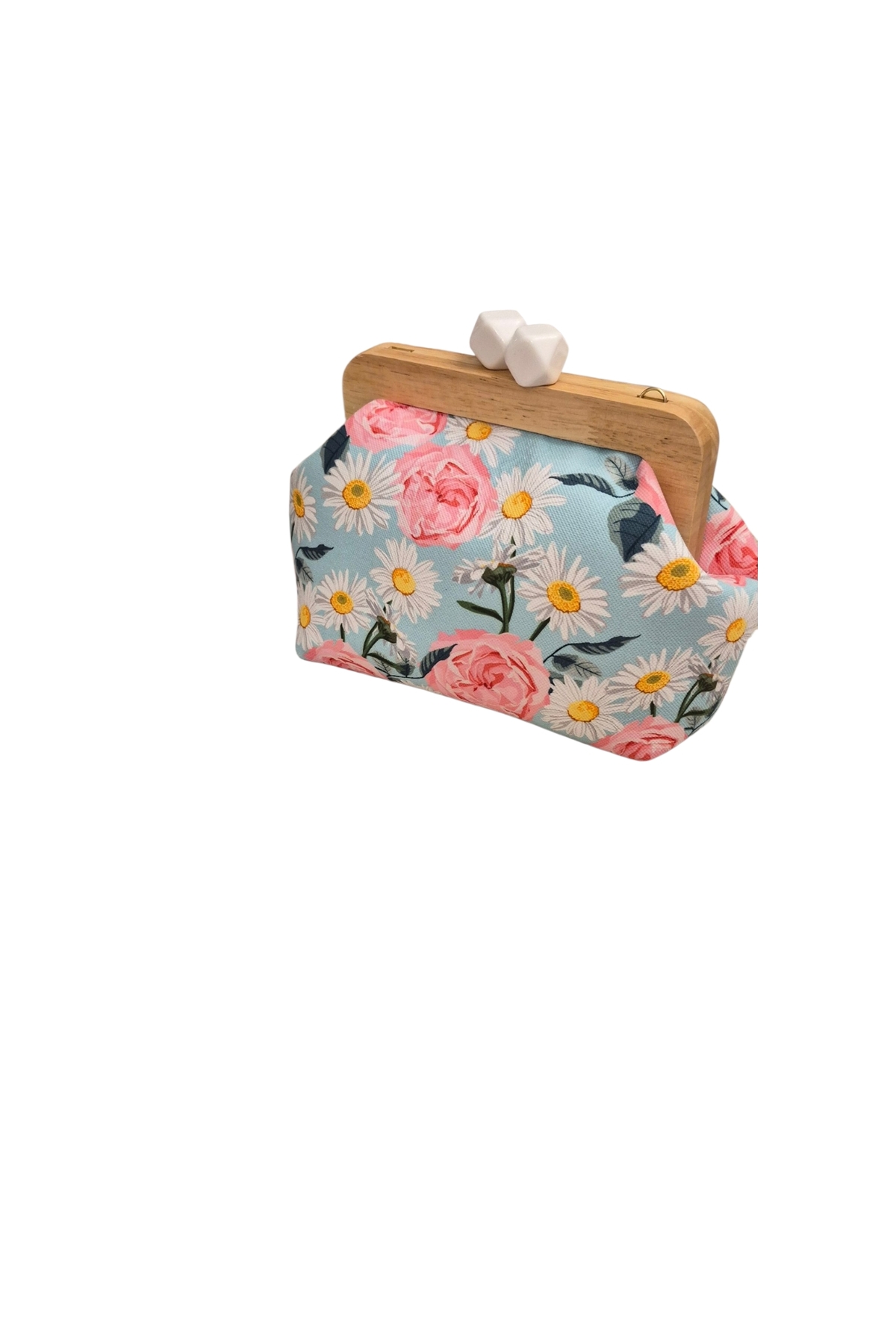 handedizayn Pembe Güllü Ahşap Burslu Zincir Askılı Clutch Omuz Çantası görsel 3