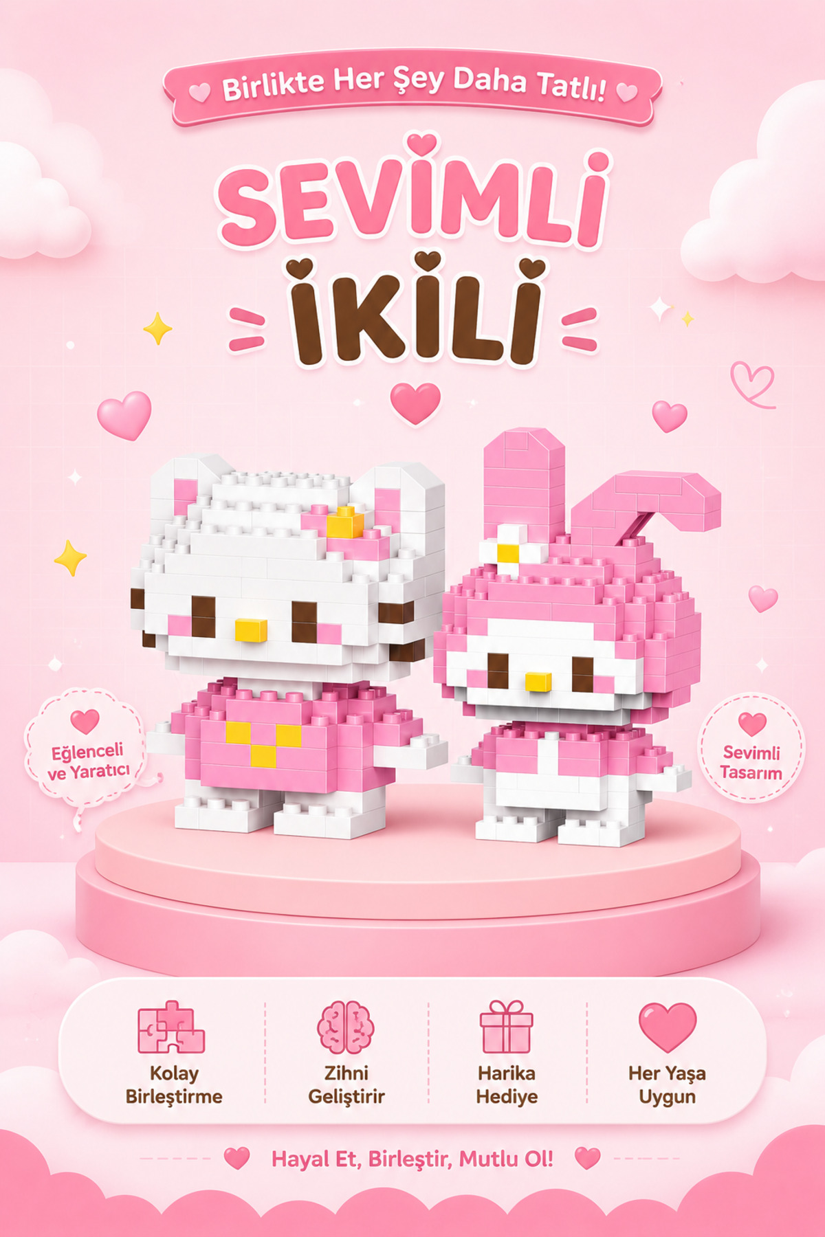 Bricks make a wise life Hello Kitty & My Melody Nano Block Figür