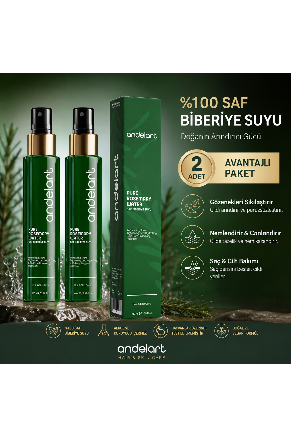 آب رزماری خالص ۱۰۰ میلی‌لیتری × ۲ بسته، بسته‌ی مفید برای مراقبت از مو و پوست — andelartkozmetik4