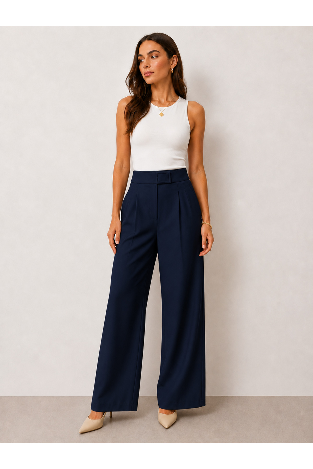 HAYAL COLLECTİON Hayal 27506-26 Women's High Waist Velcro Wide Leg Fabric Trousers