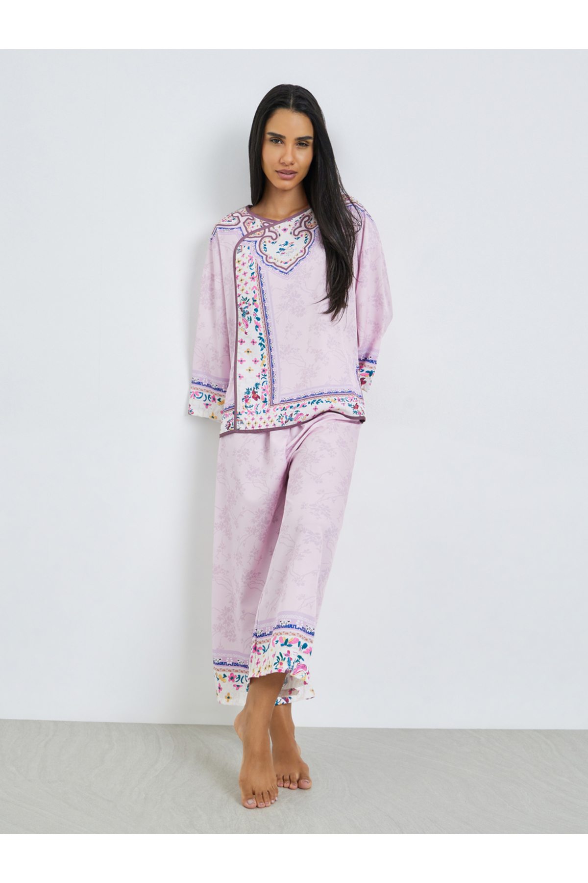 Styli Lilac Floral Print Long Sleeve Top and Pyjama Set