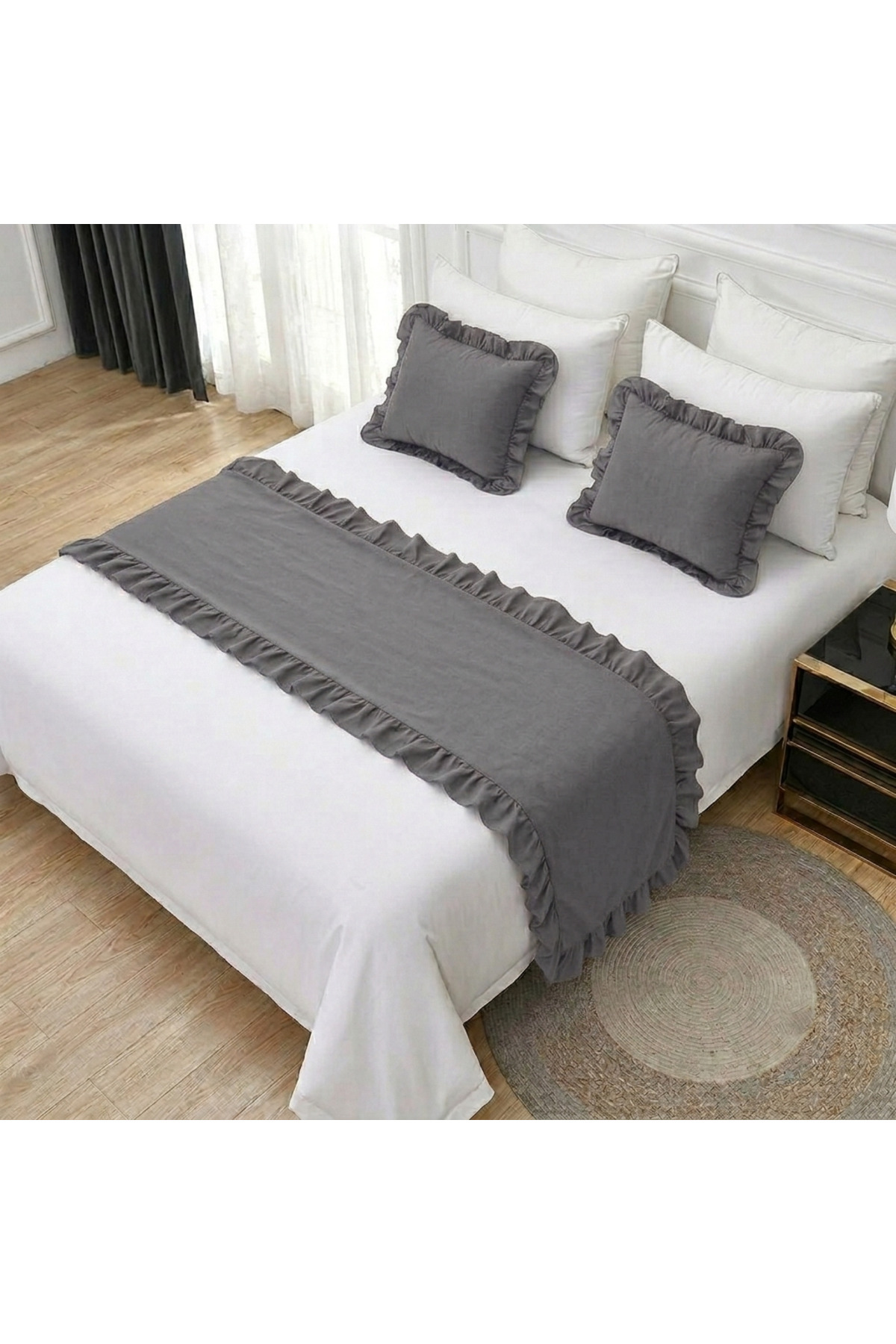 Frilly Bed Runner (70x250 cm) and 2 Decorative Pillow Covers (43x43 cm) Set