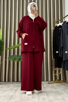 Hürrem SELİN TAKIM Kristal Kumaş Kadın Bordo Cepli Fermuarlı Pantolon Tunik A...