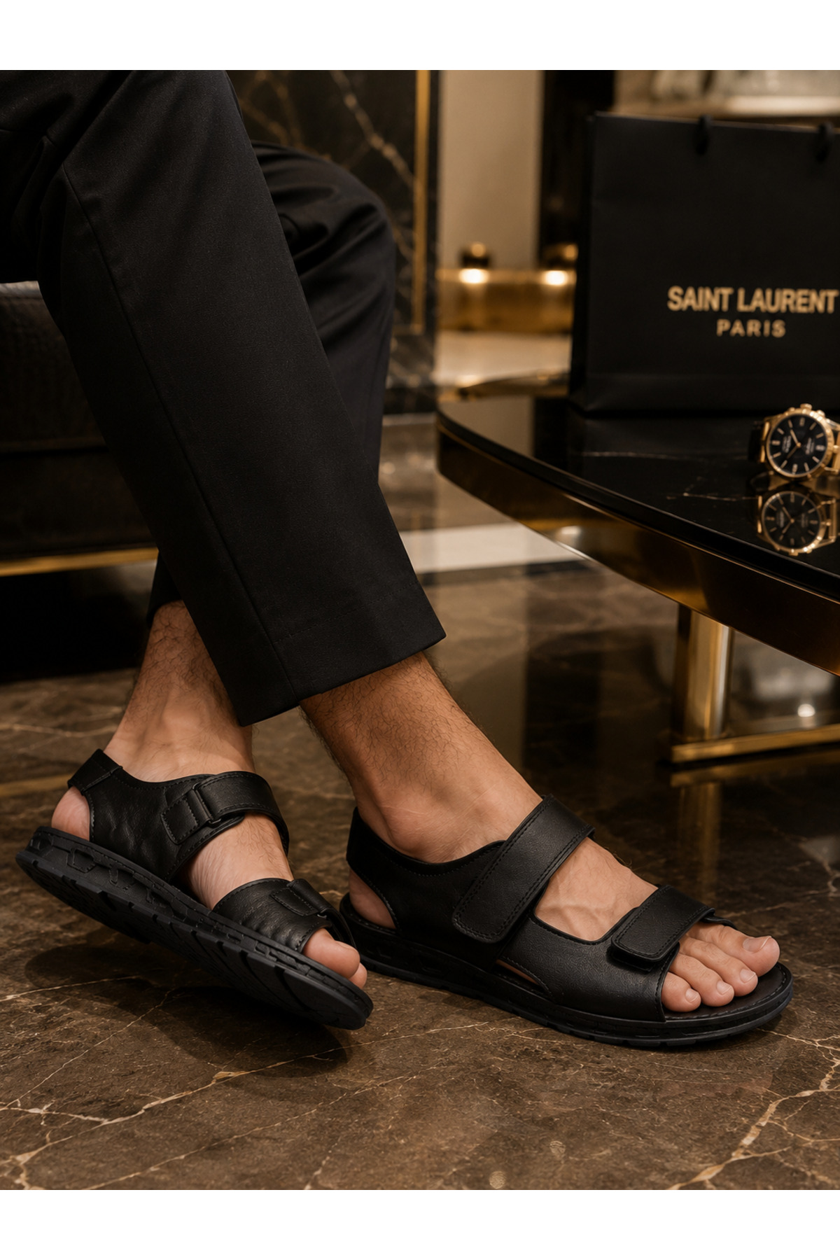 Cooka Shoes Erkek Siyah Cırt Cırtlı Hakiki Deri Günlük Sandalet Ortopedik Rahat Yazlık